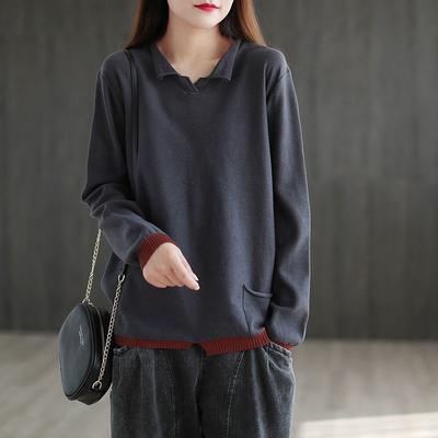 Женский вязаный свитер большого размера в винтажном стиле на весну-осень, имитация двух частей, свободный повседневный базовый пуловер