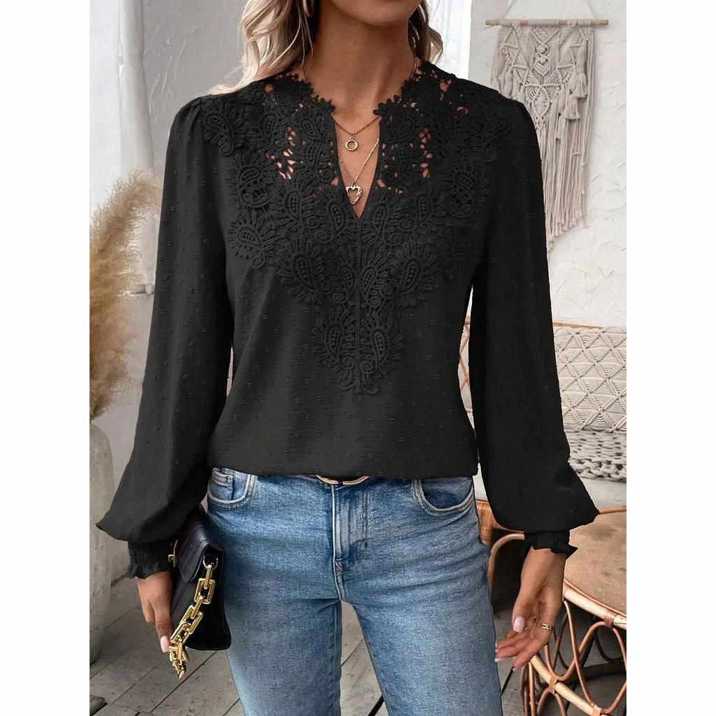 Luxury Lace Hollowed V-Neck Shirt Women Solid Color Long Sleeve Top Office Lady Elegant Daily Blouse