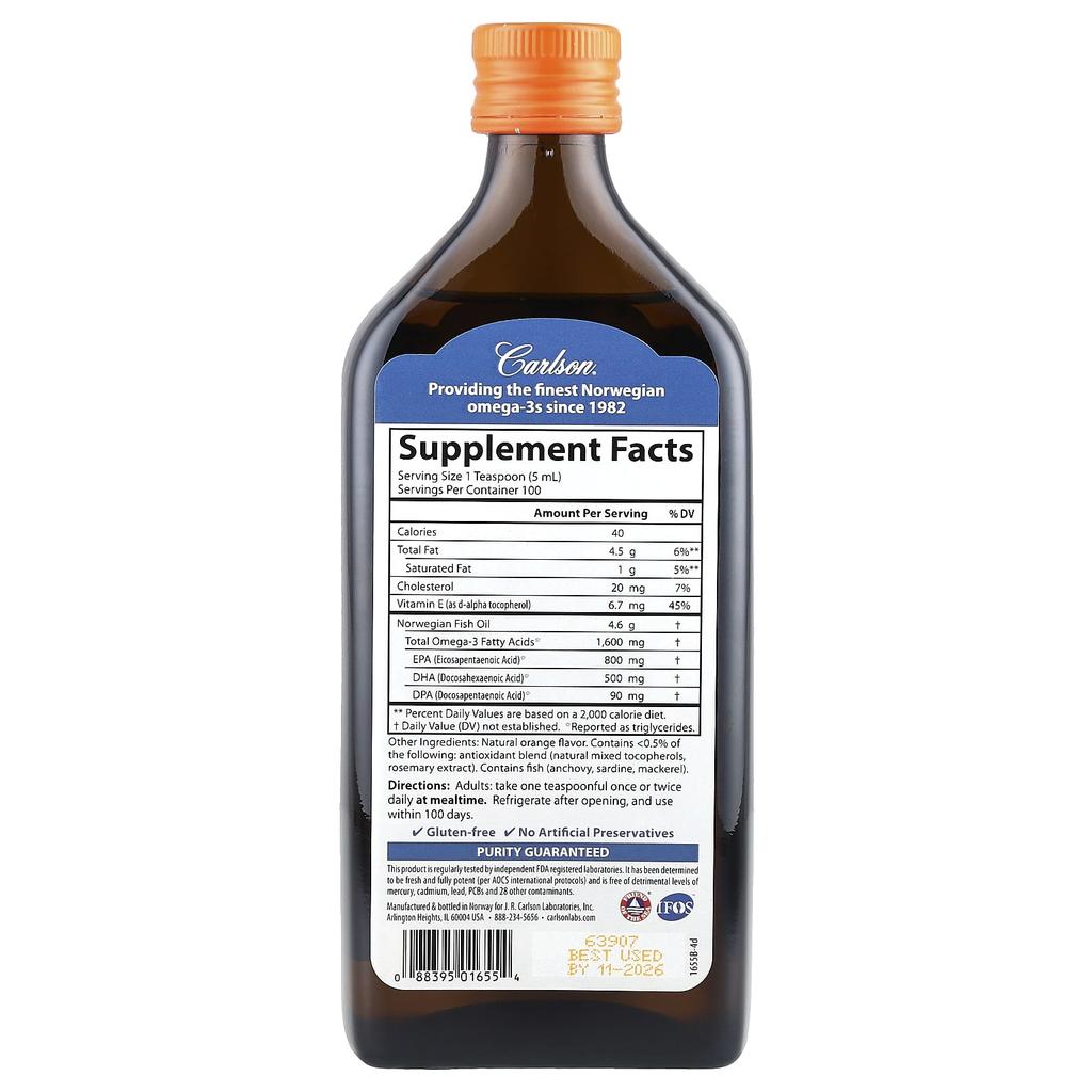 Норвежский, Премиальный рыбий жир, Натуральный апельсиновый вкус, 1600 мг, 500 мл(16.9 жидких унций)