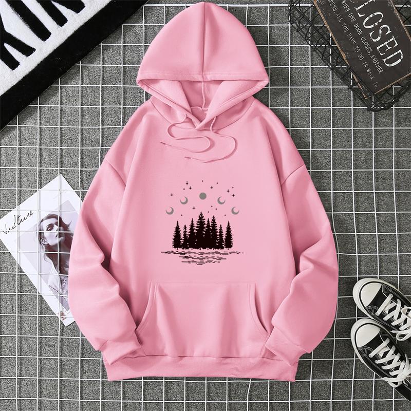 Hooded Dark Forest Print Letter Universe Faith Harajuku Hooded Women Hoodie O-neck Long Sleeve White Tops Female Clothing