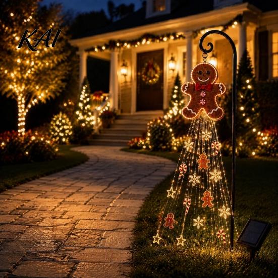 Holiday Pathway Lighting for Lawn Gingerbread Solar Garden Light, Waterproof Outdoor Yard Light with Warm Metal Christmas Decor Waterfall