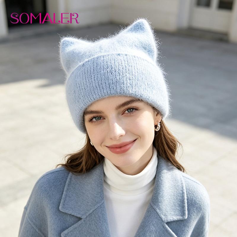 SOMALER Женская теплая вязаная шапка-бини из ангоры на осень-зиму с козырьком и пайетками, милый дизайн с кошкой, 54-58 см