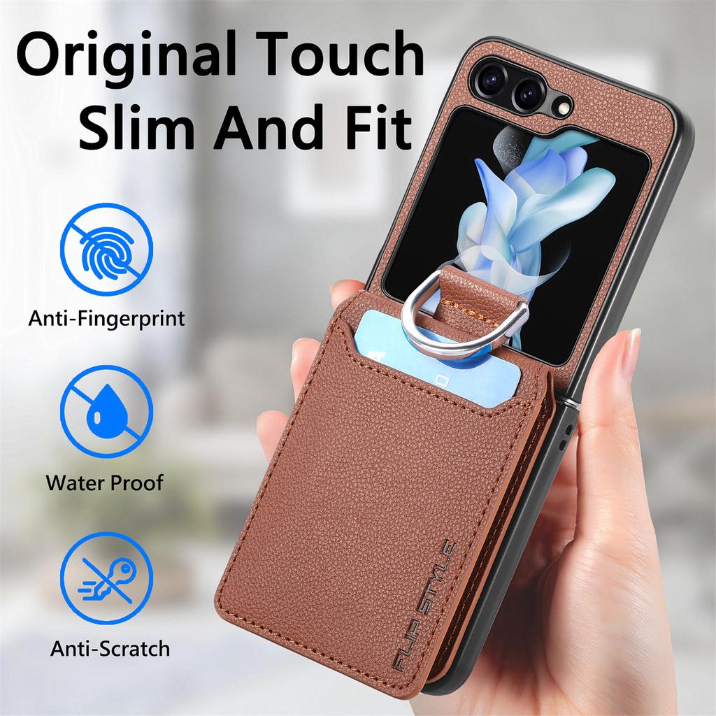 Magnetic Ring Holder Leather Wallet Card Slot Case for Samsung Galaxy Z Flip 5 Z Flip4 Z Flip3 5G Zflip4 Kickstand Vertical Cover