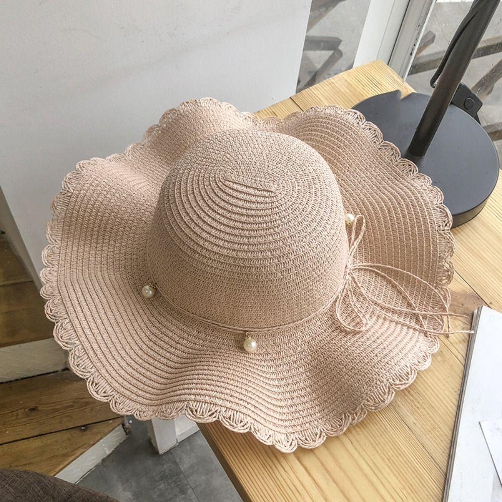 French Style Folding Straw Hats Wide Brim Women's Sun Hat Fashion Pearls Strap Straw Hat Outdoor