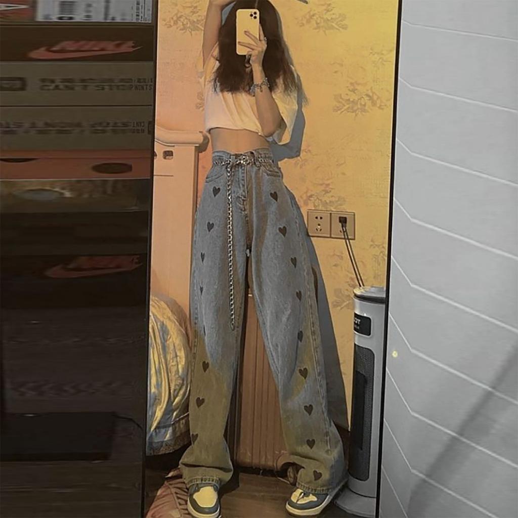 Love Embroidered Jeans For Women In Autumn, Straight, Loose, Versatile, High Waist, Slim, Wide Leg Long Pants For Trendy Women