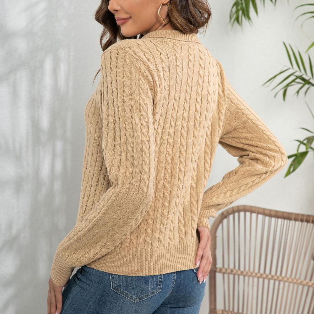 IHUASU Women's POLO Neck Twist Sweater Women's Pullover Loose Autumn and Winter Long Sleeve Knitwear