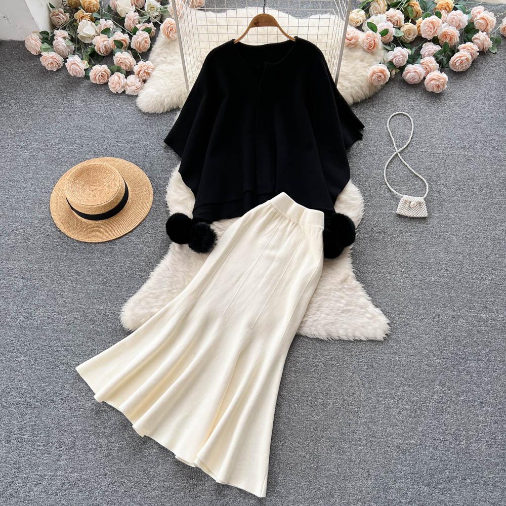 High Sense Of Retro Irregular Cape Shawl Women + High Waist Temperament Knitted Fishtail Half-Body Skirt Two-Piece Set