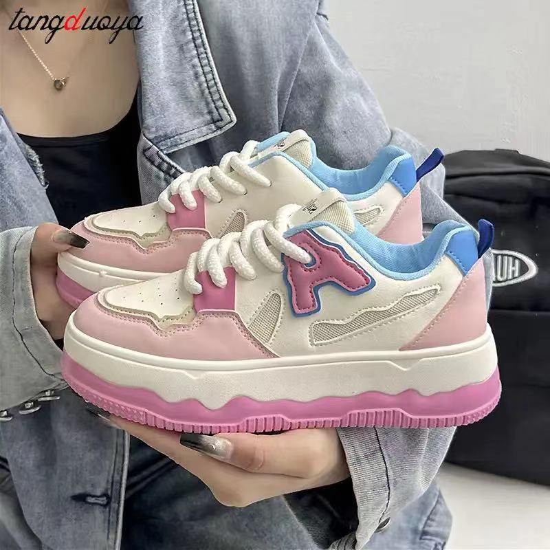 Pink Casual Sneakers for Women Platform Breathable Running Sports Chunky Shoes Student Comfortable Kawaii Ladies Footwear 2024