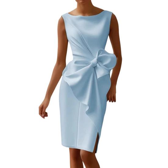 Женское приталенное платье без рукавов с драпировкой, бантом и разрезом сбоку, миди-платье, женское официальное коктейльное платье, платье для работы