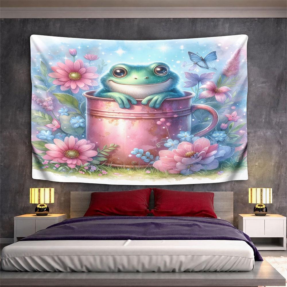 "Frog in a Pink Mug with Floral Bliss" Pattern Wall Hanging Tapestry Decorative Tapestry Home Decor for Bedroom and Living Room