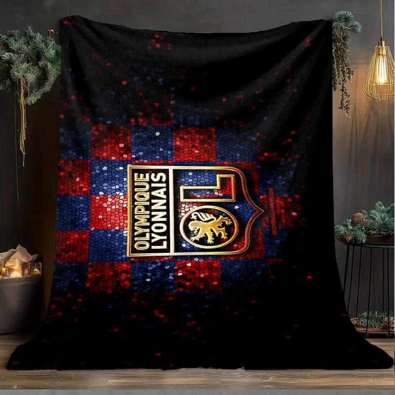 1PC Lyon Football Crest Design Printed Soft Flannel Blanket Throw for Adult Bedroom Living Room Sofa Camping Travel Fan gifts Christmas Gifts