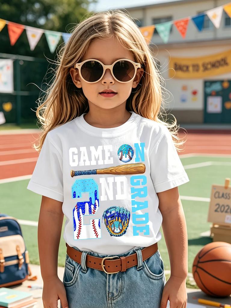Kids Short Sleeve T Shirt Game On 2nd Grade Baseball Print Boys Girls Back To School Casual Summer Tee Top