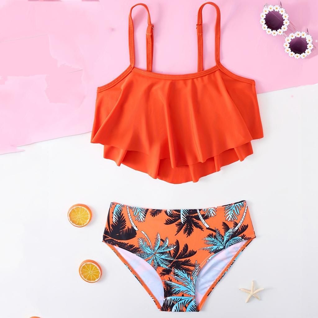 Girls  Floral Sleeveless Spaghetti Straps Adjustable Straps Swim Shorts Two-Piece Swimsuit Swimwear