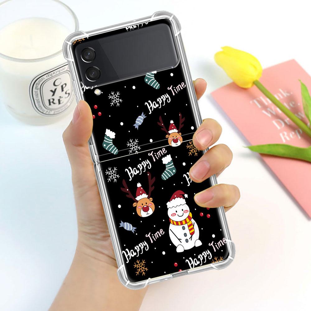 Роскошный чехол для Samsung Galaxy Z Flip 3 4 5G Funda Z Flip3 прозрачный ПК жесткий противоударный чехол для телефона Снеговик Рождественский мультфильм