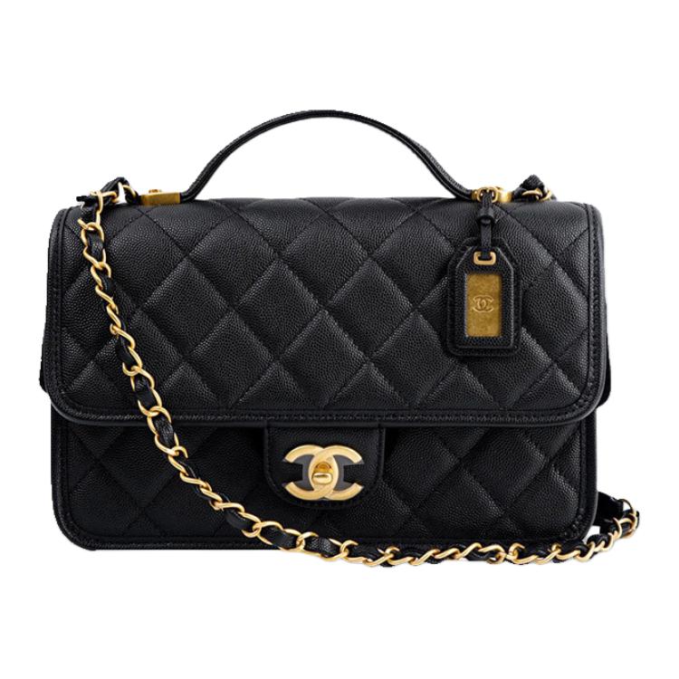 Chanel Классическая сумка-тоут с верхней ручкой и цепочкой, тисненая коровья кожа с ромбовидной прострочкой, большая сумка-кроссбоди на плечо, Женская, Черная