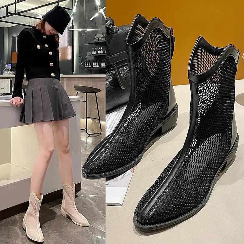Fashion 2024Summer Shoes Women Boots Breathable Ladies Mesh Shoes Summer Women Footwear Zipper Black White Ankle Botas