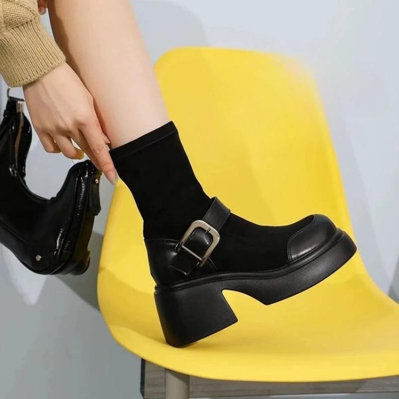 Fashion Long Boots Women Platform Elastic Socks Boots British Wind Show Thin Metal Buckle Ankle Boots 2025 New
