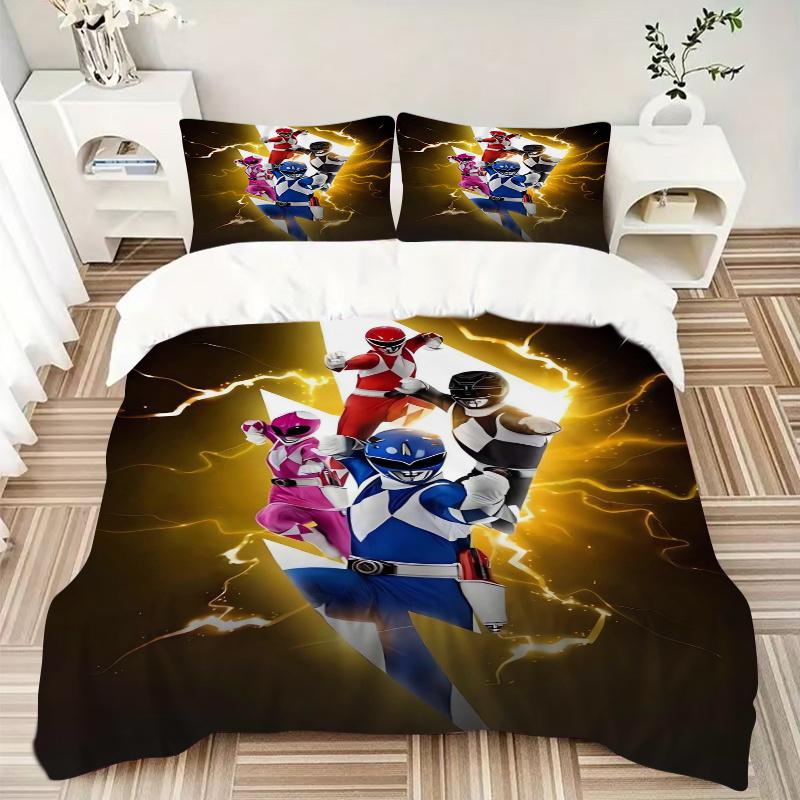 3pcs Lightning Power Rangers Printed Quilt Set - Includes 1 Quilt Cover and 2 Pillowcases, Machine Washable - Suitable for All Seasons.F035