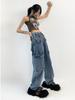 American Retro High Street Jeans Women's Loose and Straight Leg Design Multiple Pockets Work Clothes Casual Long Pants