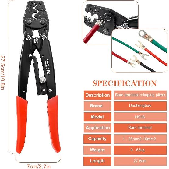 HS-16 Non-Insulated Terminals Crimper 1.25-16mm Easy Crimp Pliers Wire Connector Electrician Tool SNB RNB SC UT OT