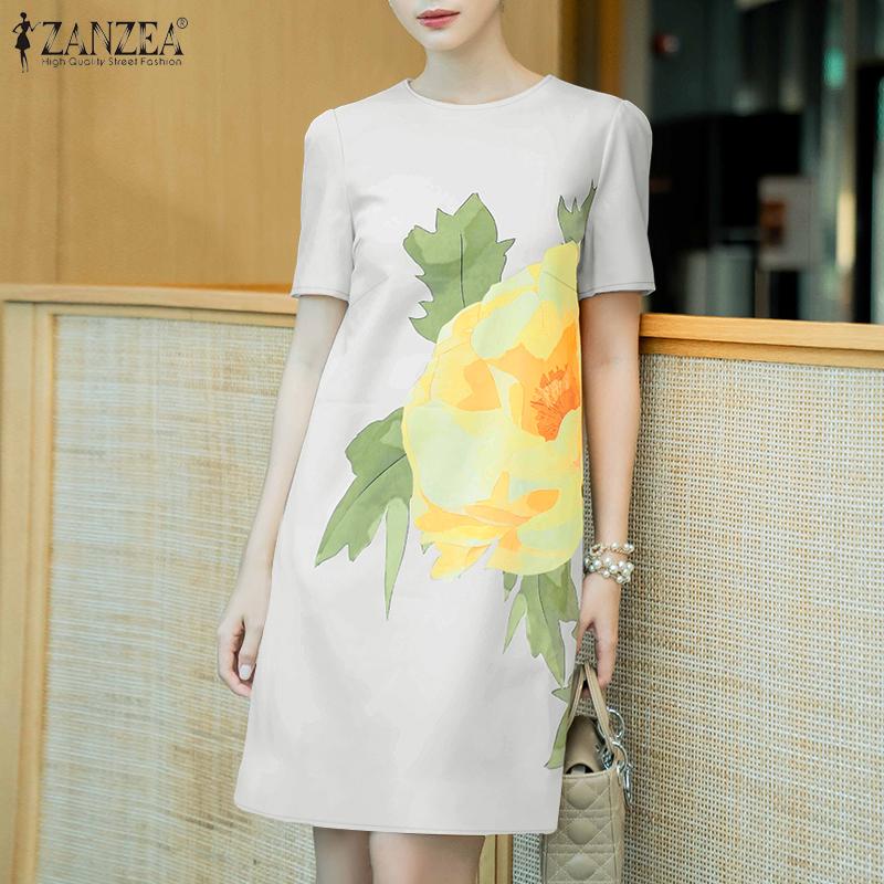 ZANZEA Женское повседневное платье с коротким рукавом с круглым вырезом и цветочным принтом