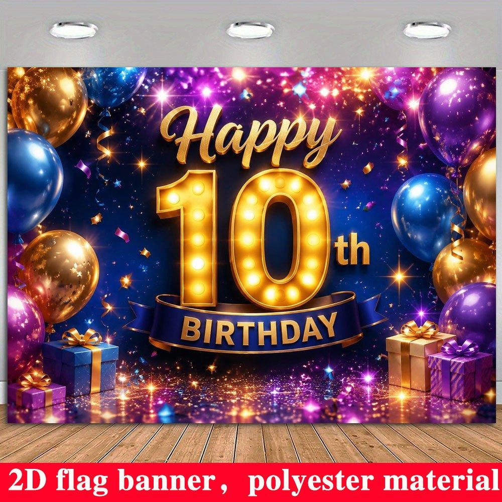 2D Flat Banner, 10th Birthday Party Backdrop, Shiny Balloons, Gift Boxes, Ribbons, Polyester