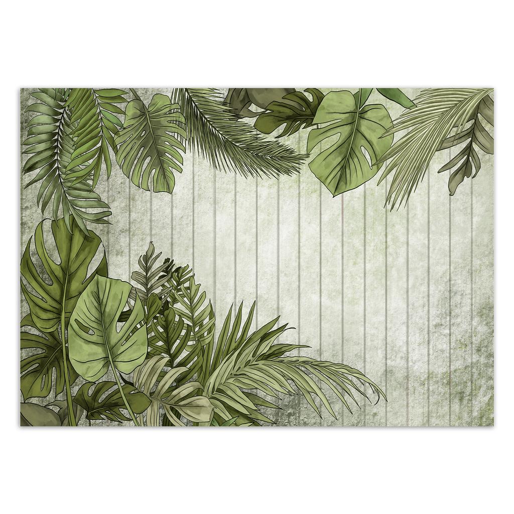 Wallpaper Exotic leaves on a background of boards
