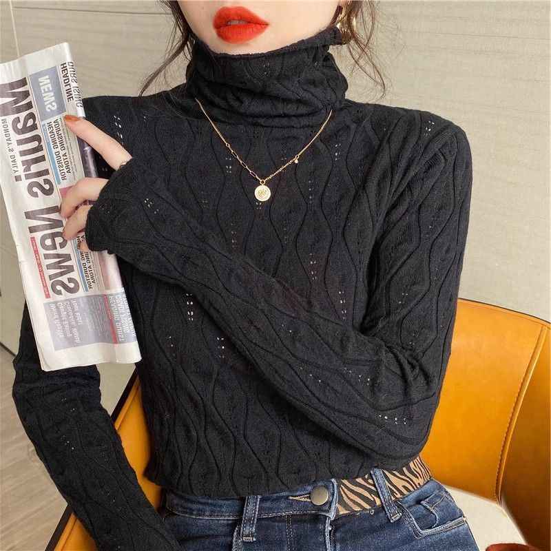 New Turtleneck Long Sleeved Fashion Pullover Sweater Pile Collar Women Basic Shirt Autumn Winter Inner Hollow Out Knitted Sweaters Slim Fit Thin Top