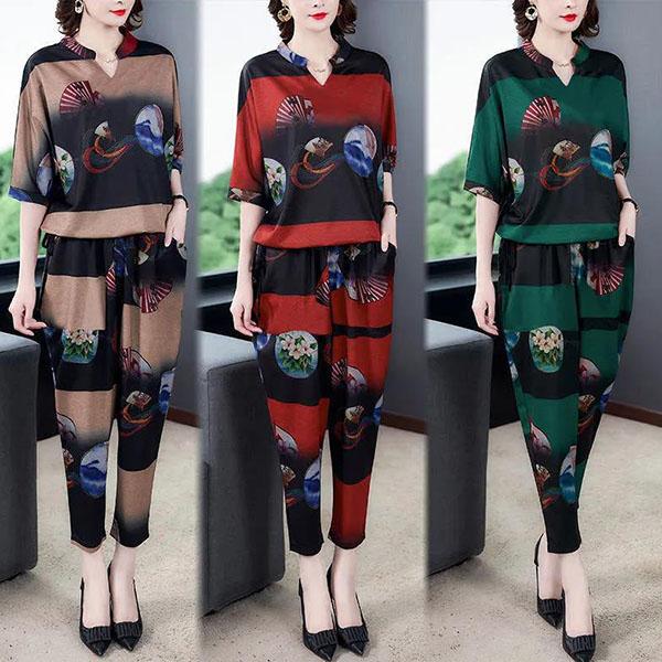 M-4XL топ с короткими рукавами, укороченные брюки, свободный повседневный комплект из двух предметов, женский весенне-летний костюм больших размеров с принтом