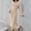 Осень зима однотонное платье макси с длинным рукавом и V-образным вырезом на пуговицах женское элегантное А-силуэта облегающее эластичное вязаное платье женская одежда