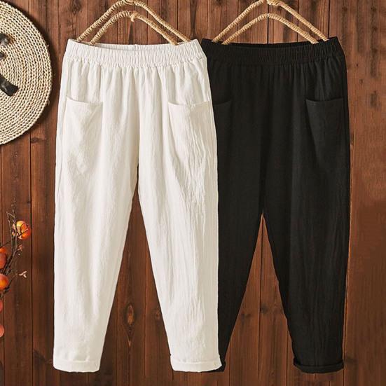 Elastic Waist Wide Leg Harem Pants Women Cotton Linen Casual Vintage Loose Solid Color Pockets Trousers