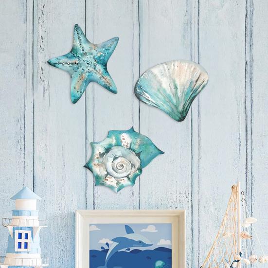 3 Pcs Wooden Rustic Beach Wall Art Ocean Coastal Nautical Seashell Starfish Couch Wall Decor for Living Room Bedroom Lake House Decor