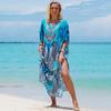 Printed Turkish Robe Bat Sleeve Summer Tunic Plus Size Swimwear Cover Up For Women's Swimwear Blue Kaftan Dresses