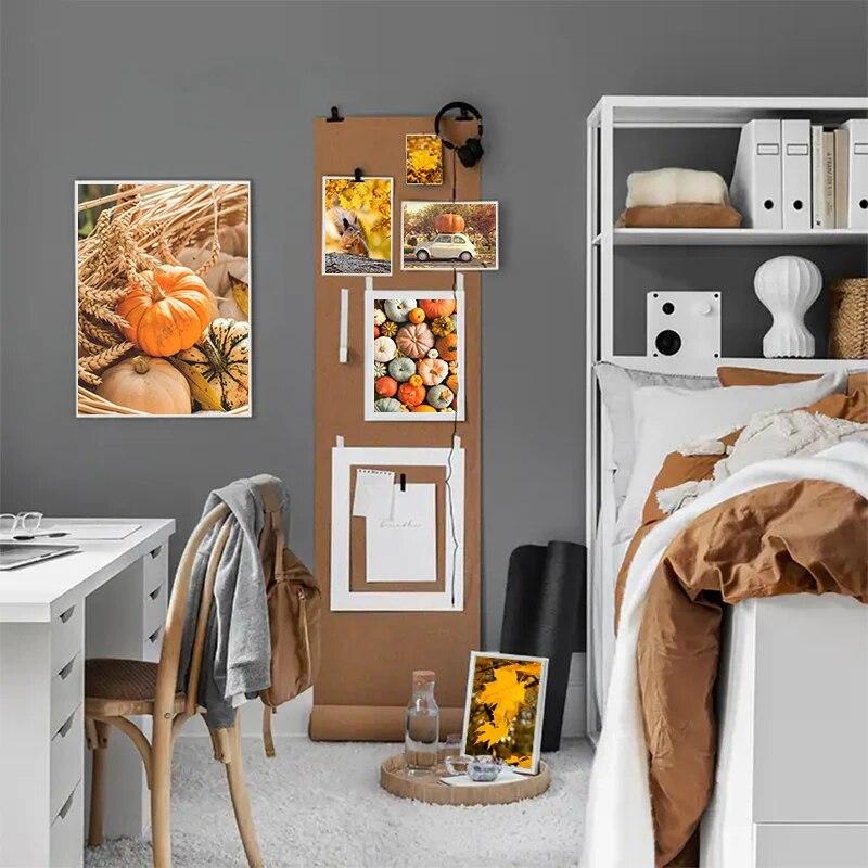 Осенний пейзаж Холст Плакат Желтые листья Осенний вид Настенная живопись Печать тыквы Картина на Хэллоуин Гостиная Домашний декор