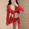 Mosricci Pure Desire: Red & White Sexy Bikini Four-Piece Set with Long Sleeves – Perfect Vacation Swimwear