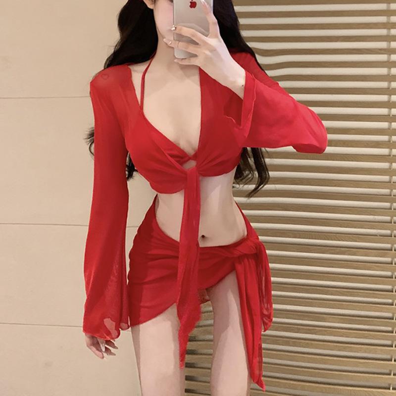 Mosricci Pure Desire: Red & White Sexy Bikini Four-Piece Set with Long Sleeves – Perfect Vacation Swimwear