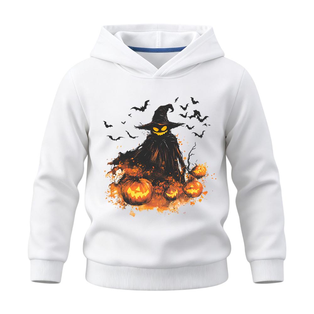 Kids hooded sweatshirt with scary pumpkin scarecrow witch print, soft fabric, loose fit, great for Halloween parties and daily holiday outfits.