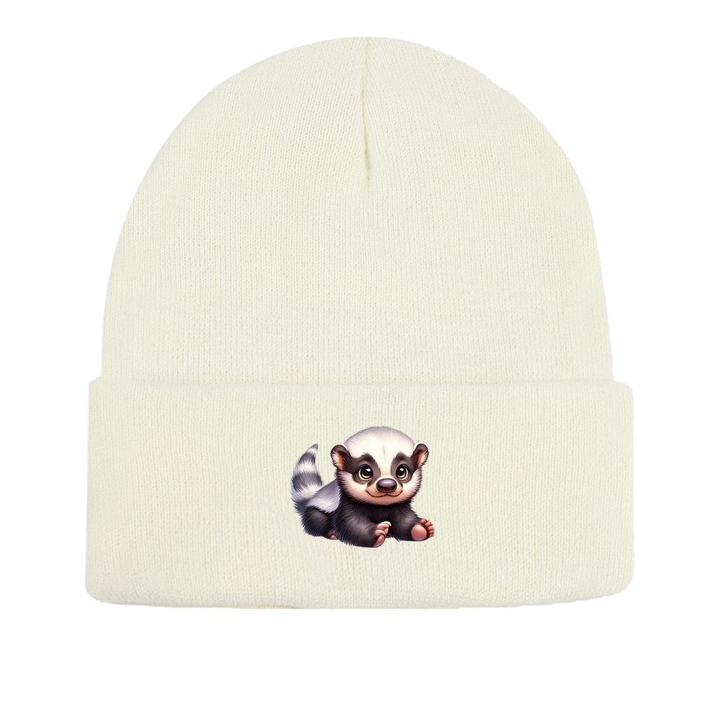 White Head Badger Print Knitted Cap Beanie, Animal Skull Cap Cuff Fit Stylish Bobble Hat Knit Hat Beanie