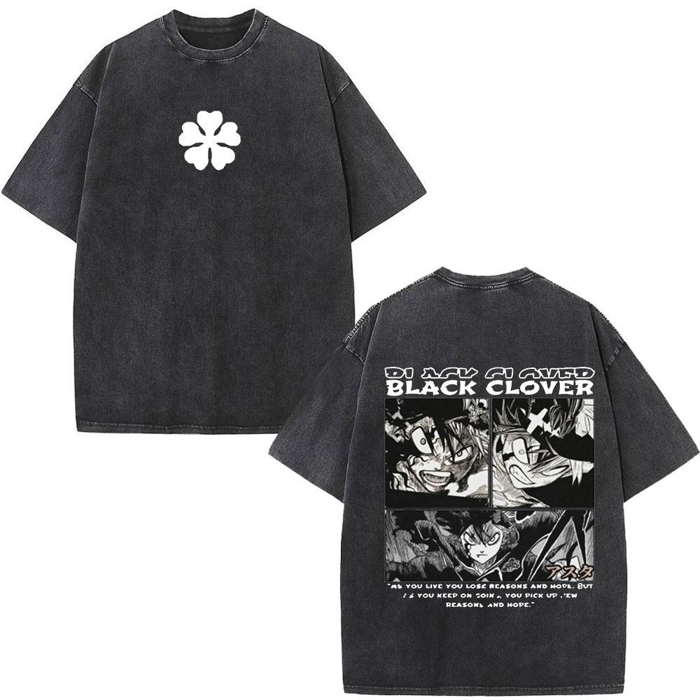 Washed Anime Black Clover Logo Graphic Print T-shirt Harajuku Summer Fashion Casual Cotton Oversized T-shirts Tops Streetwear