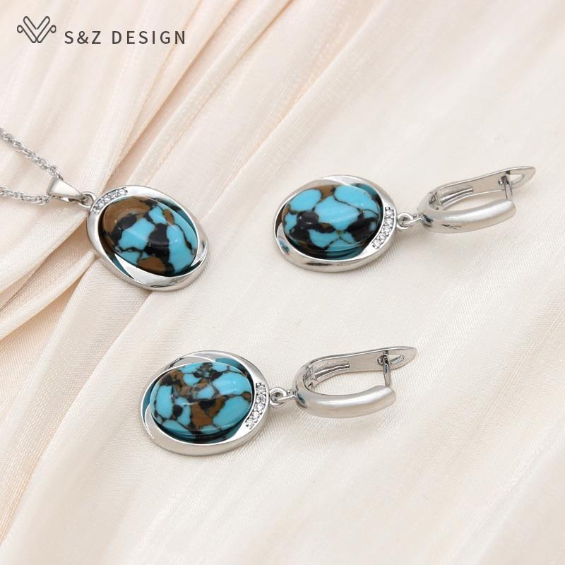 Винтажные элегантные серьги в форме яйца цвета розового золота, овальные серьги с имитацией бирюзы, комплекты ювелирных изделий для женщин, свадебное ожерелье с подвеской