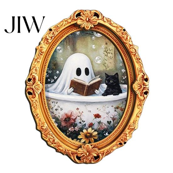 Cute Ghost Oil Painting Magnets Vintage Halloween Fridge Magnet, Retro Gold Frame Refrigerator Decoration Decorative Magnetic Photo Frames with Strong