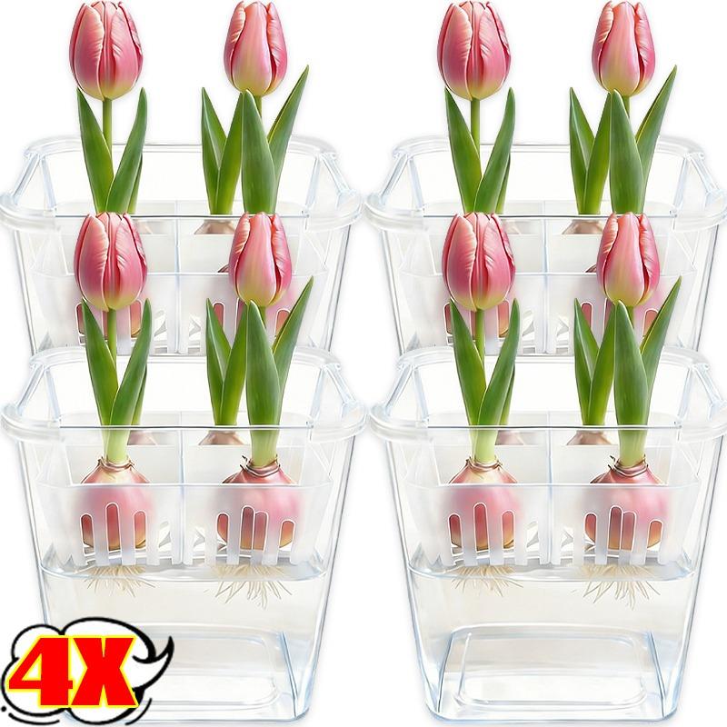 Self-watering Tulip Flower Pot 4-cell Hydroponic Flower Pots with Support Basket Home Indoor Gardening Decoration Accessories