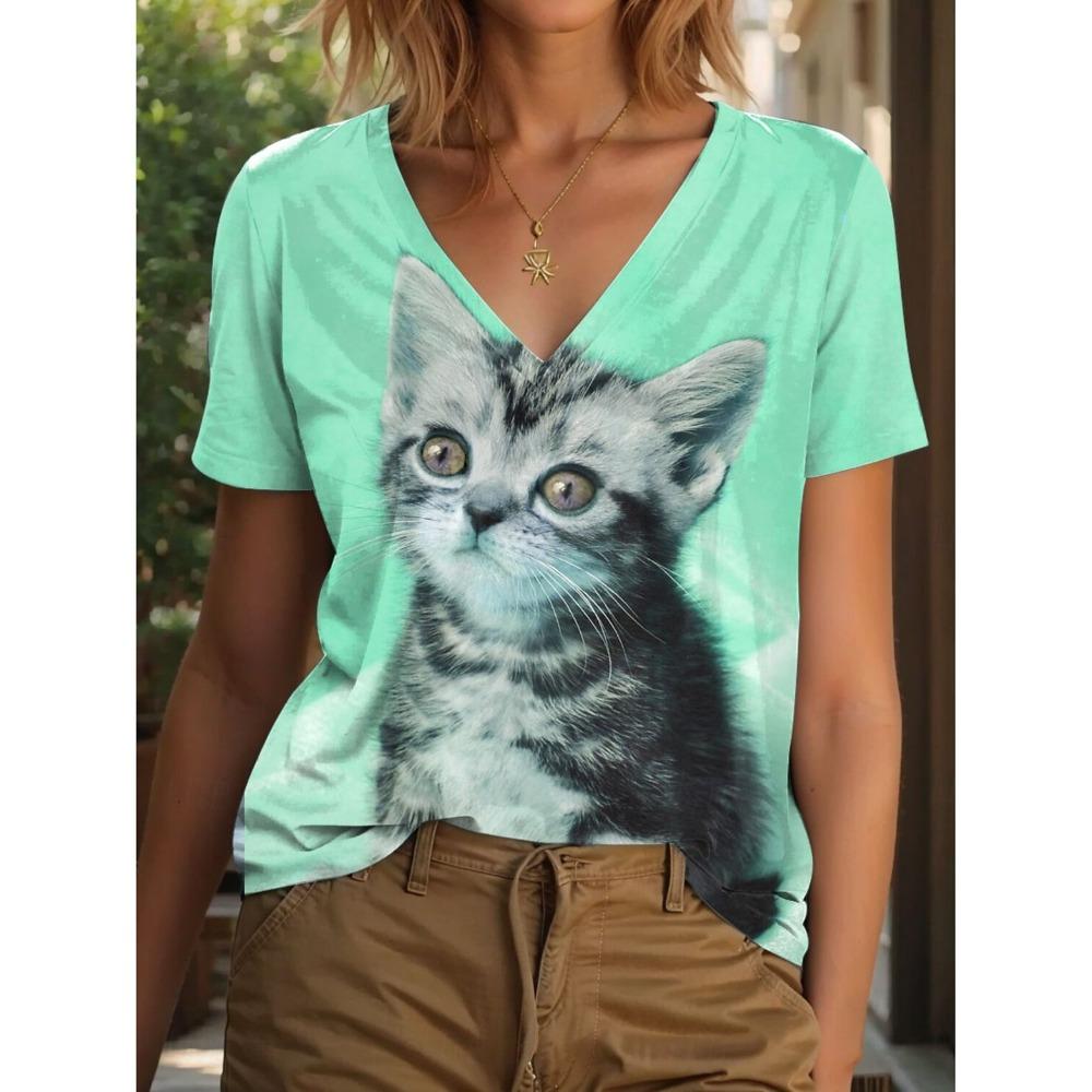 Женская футболка с рисунком животных и кошек, винтажная, стильная, классическая, несколько цветов, короткий рукав, V-образный вырез, обычные топы, повседневный принт, лето