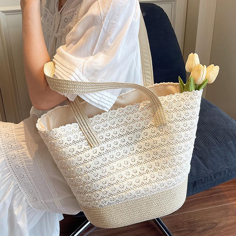 2025 woven straw bag summer new commuter large capacity striped shoulder fashion beach bag women