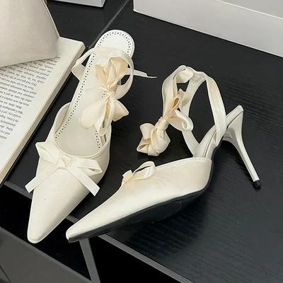 Модные милые туфли-лодочки с бантом, сандалии женские, высокое качество, атласные, с перекрестной шнуровкой, с острым носком, сандалии-слайды, модные элегантные туфли для вечеринки