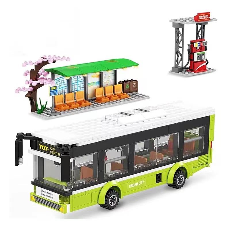 Городской автомобильный зеленый, синий пассажирский автобусный вокзал, одноэтажный общественный набор, фигурки, модельные строительные блоки, игрушки для мальчиков, подарки