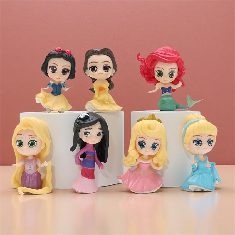 7pcs/set Princess Belle Cute Ariel Rapunzel Snow White Anime Figure 5.5cm Decorations Cake Ornament Gifts