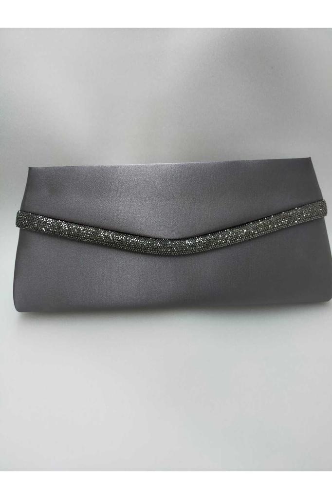 Women's Stylish and Useful Evening Dress Bag Gray Shiny Satin Platinum Stone Evening Bag