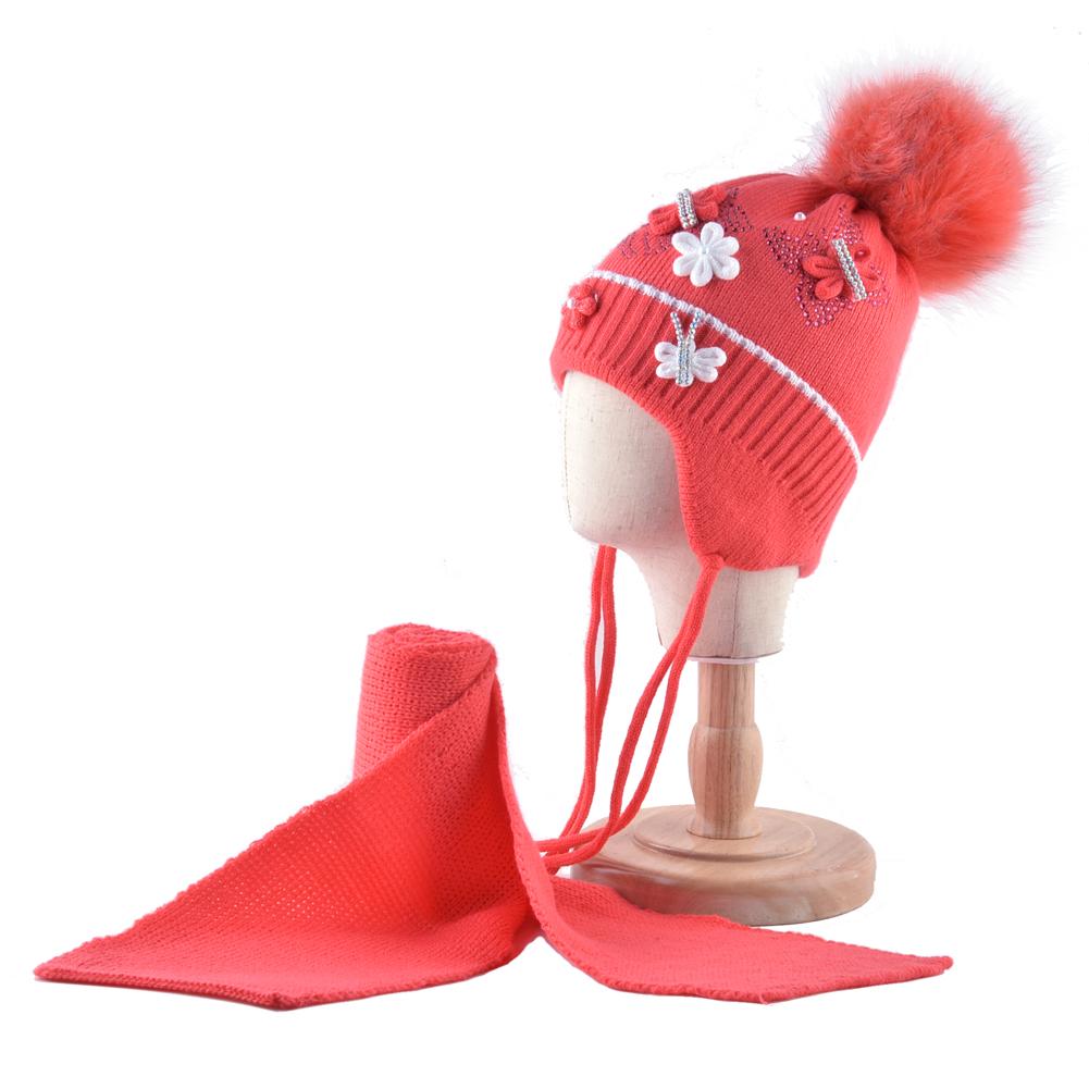 Warm Hats And Scarf Set For Girls Winter Knitted Lovely Kids Beanies With Imitation Fur Pompom Child