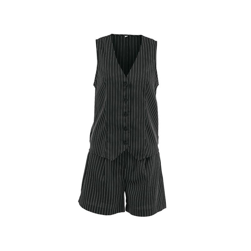 Striped 2-Piece Set Women Casual Blazer Vest Shorts Loose Fit Elegant Style